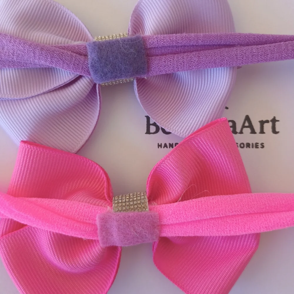 Handmade, Elastic Headband Set Ribbon Bows In Fushsia And Lavander 🎀✨